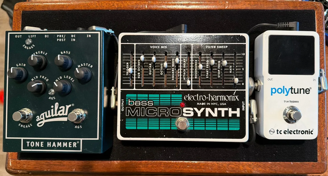 A JR's Better Boards compact build — Aguilar Tone Hammer, EHX Bass MicroSynth, and TC Electronic PolyTune on a custom hardwood board