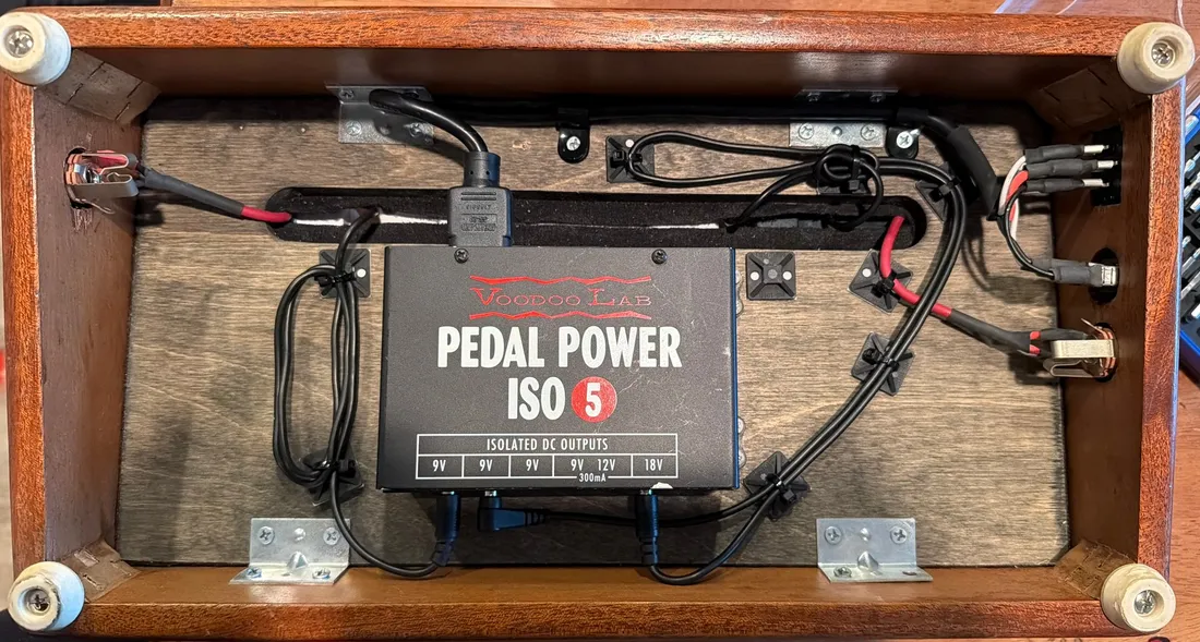 Underside of the same board: Voodoo Lab isolated power, dressed cable runs, strain relief